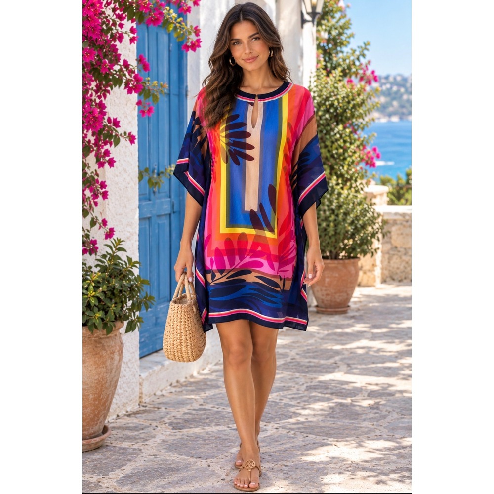 Trina Turk Theodora 100% Silk Caftan Dress M/L Island Dream Tropical Print Top